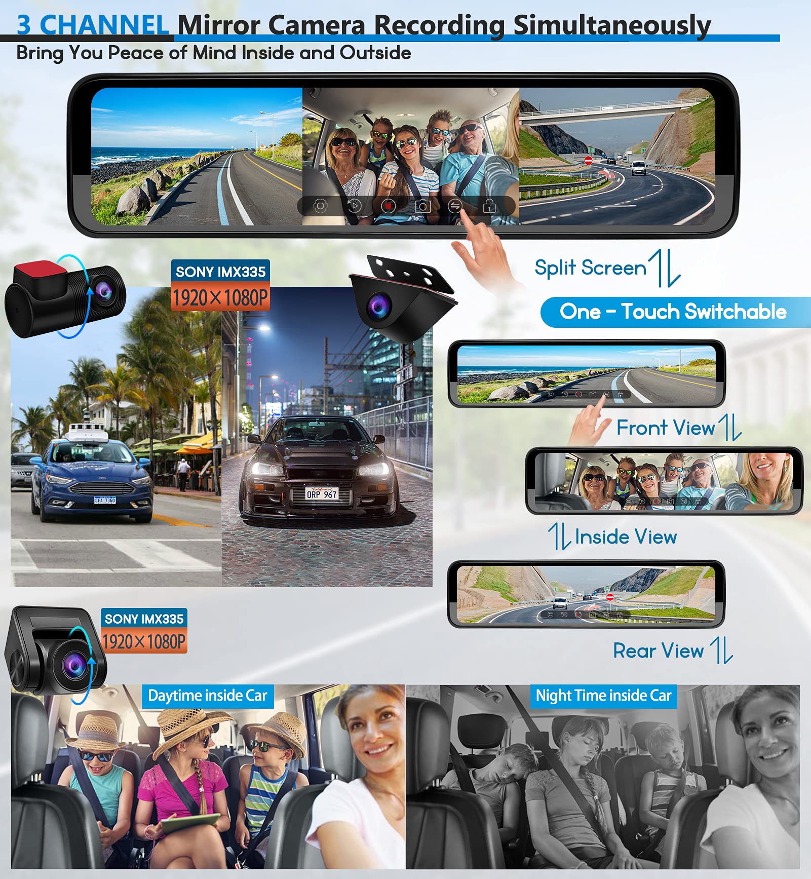 Pormido Triple Mirror Dash Cam 12' With Detached Front And In Car Camera,Waterproof Backup Rear View Dashcam Anti Glare 1296P Ips Touch Screen With Sony Sensor,Starvis Night Vision,Gps,Parking Assist